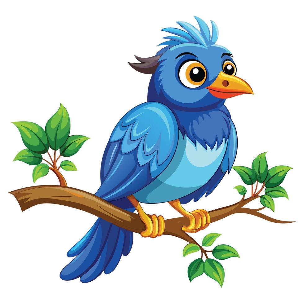 Cartoon blue bird sitting on tree branch isolated on white background vector