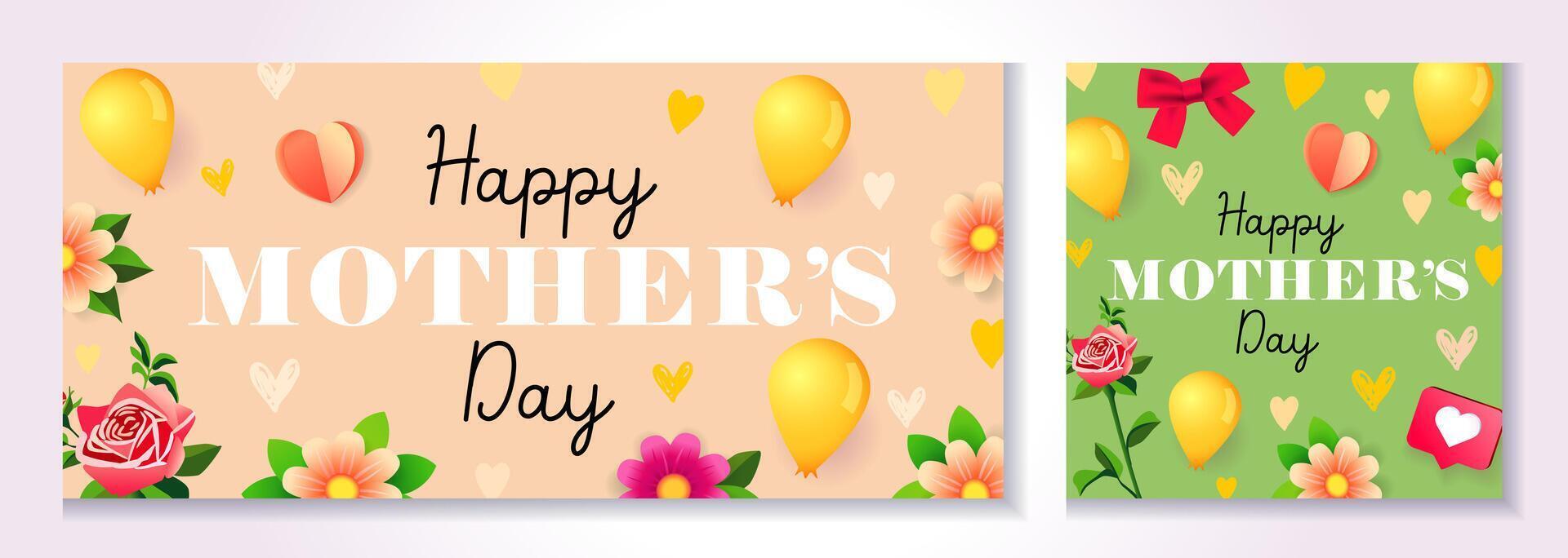 Happy Mother's Day, set of beautiful cards with spring flowers and 3D elements. vector