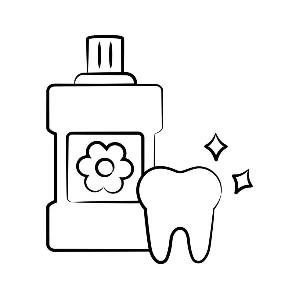 Check this trendy hand drawn style icon of mouthwash bottle with teeth vector
