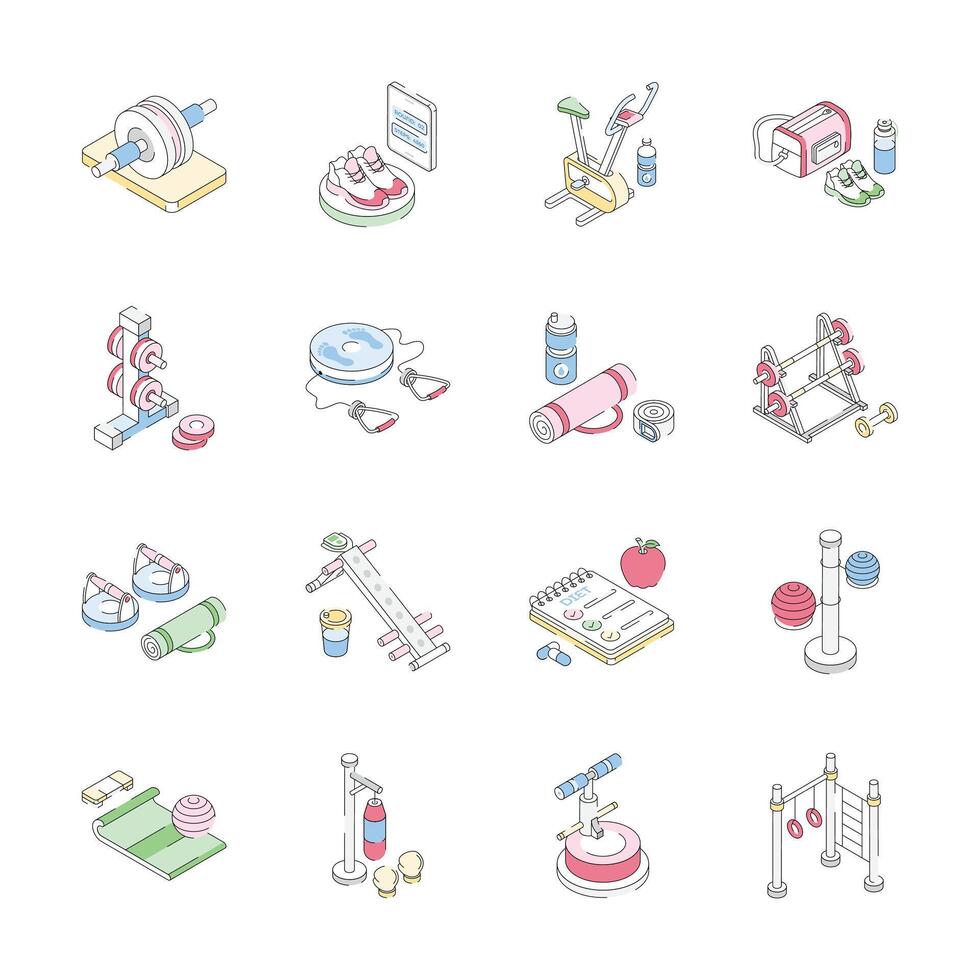 Latest Bundle of Gym and Fitness Isometric Icons vector