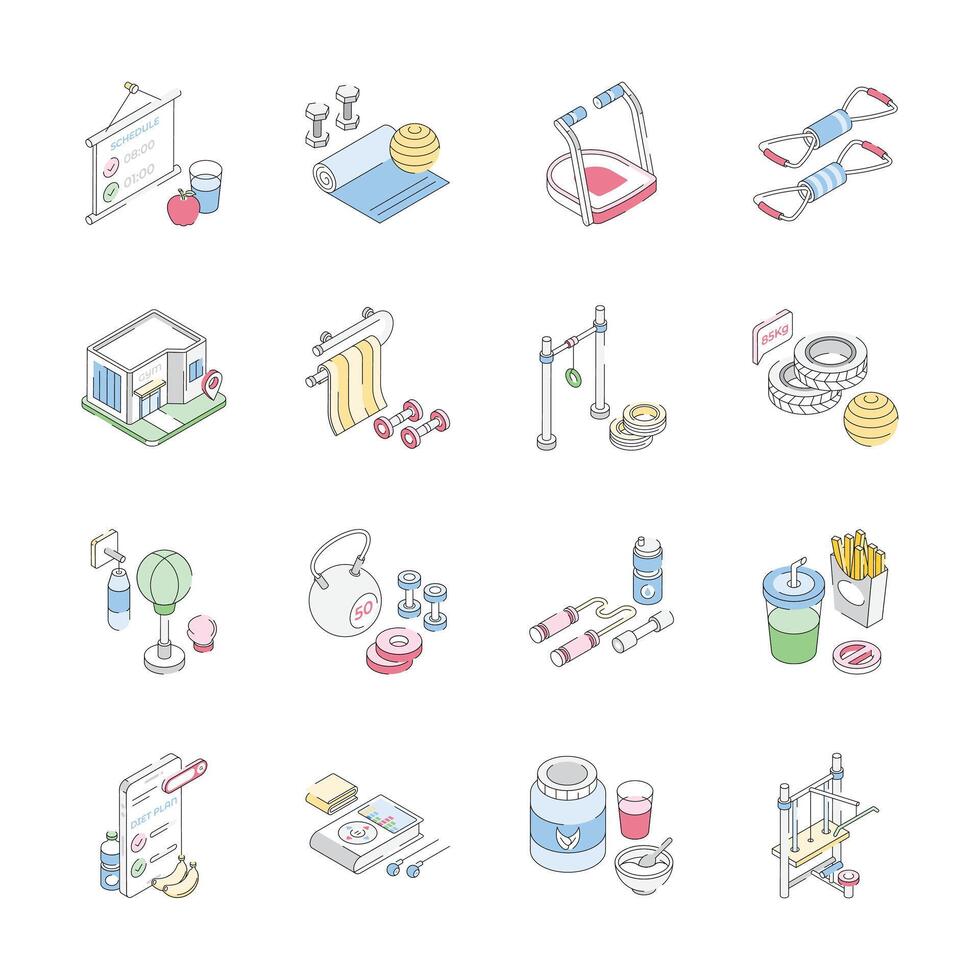 Handy Set of Gym and Exercise Isometric Icons vector