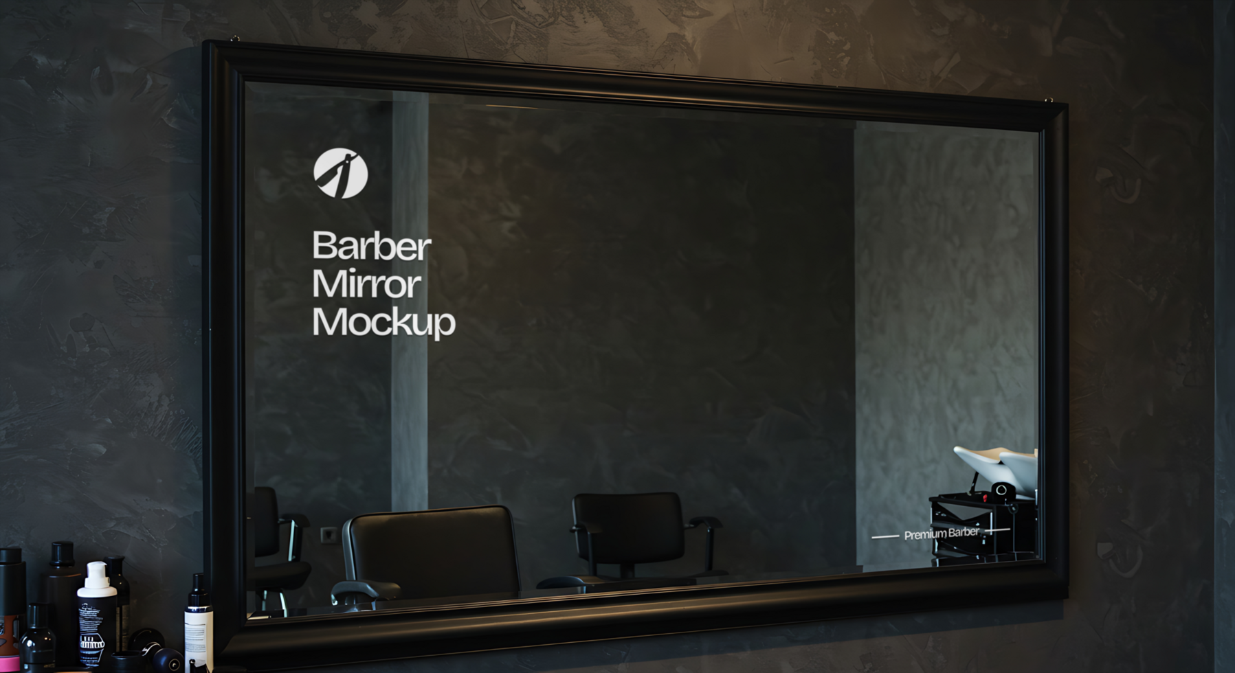 A barber shop mirror mockup displays a sleek modern design psd