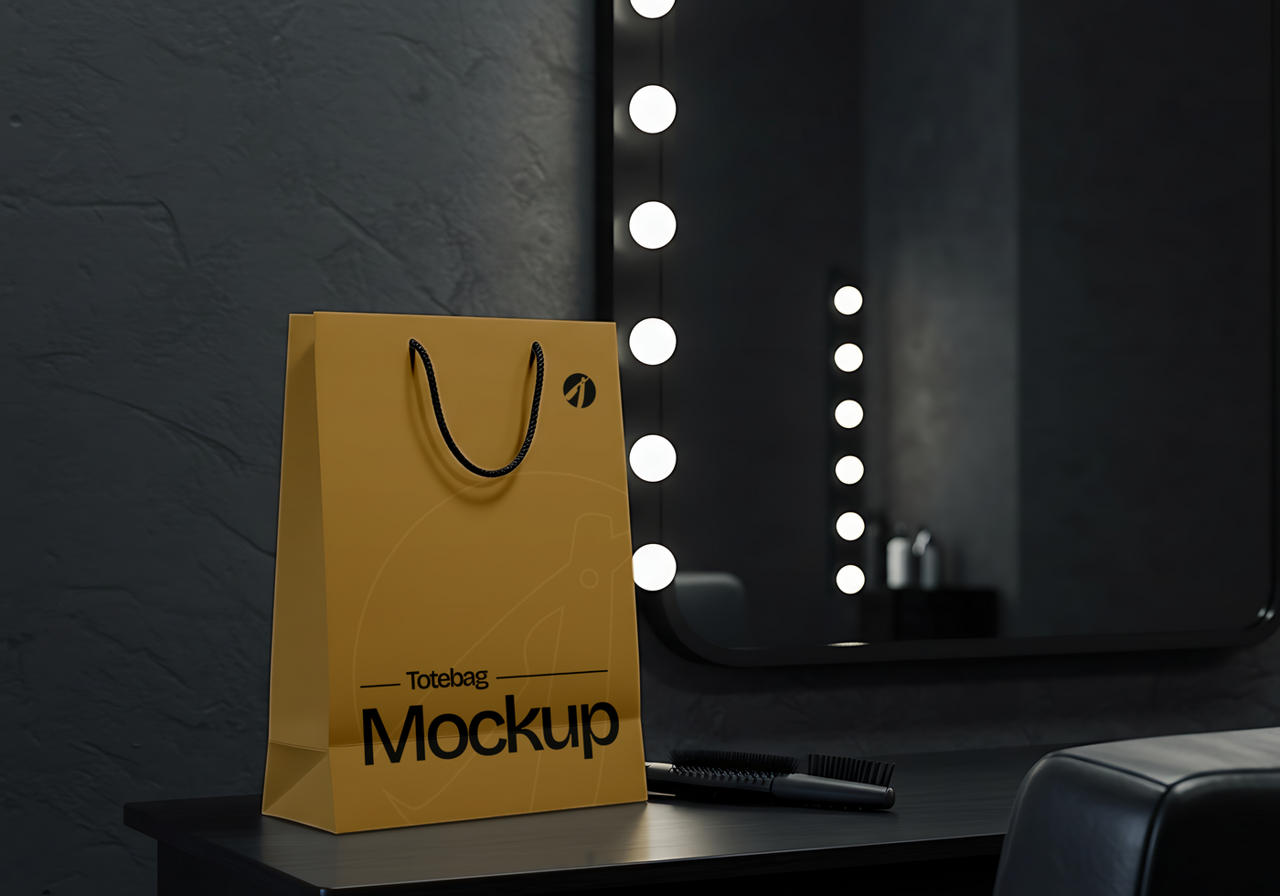 A gold tote bag mockup sits on a vanity table in front of a lighted mirror psd