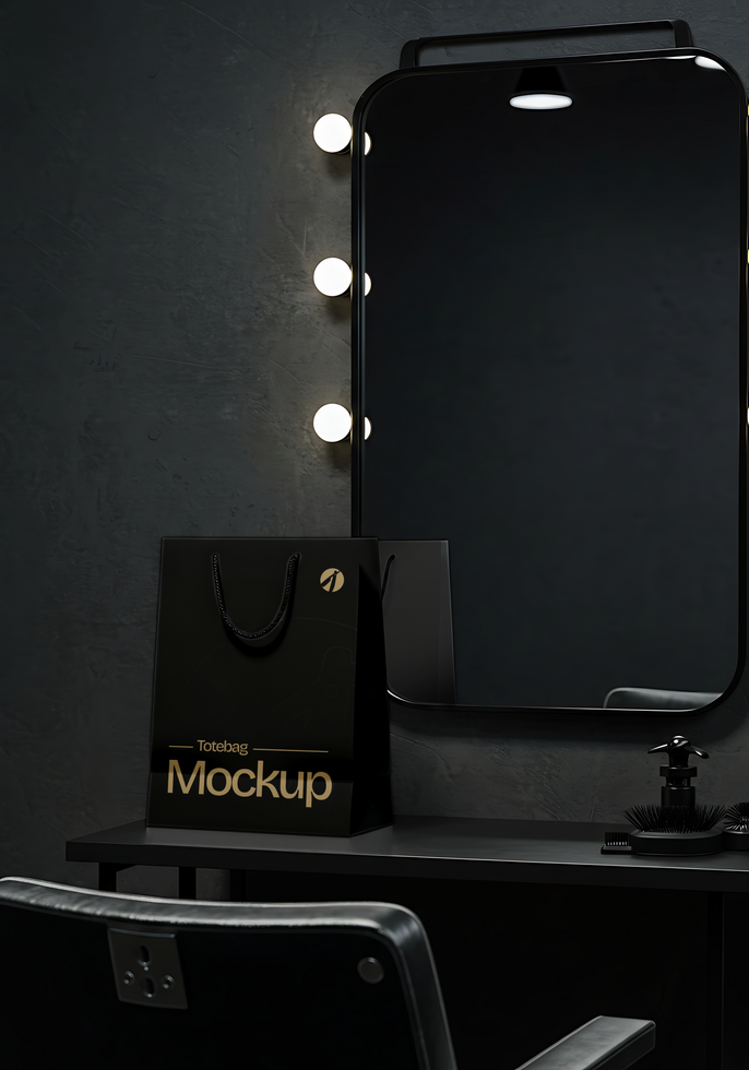 A black tote bag mockup sits on a vanity table in front of a lighted vanity mirror psd