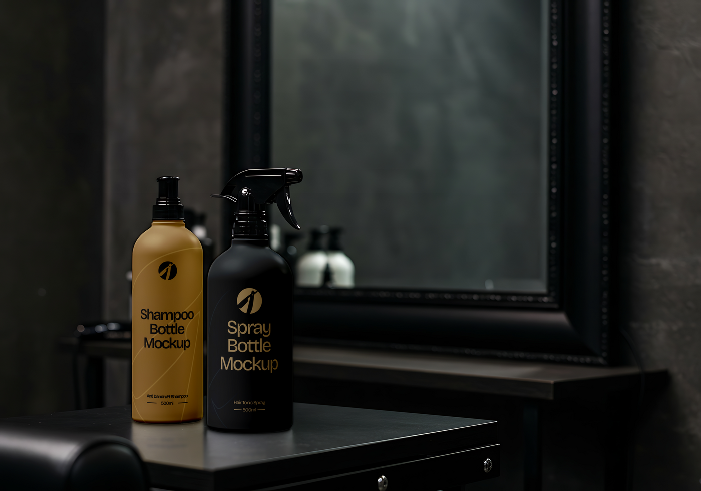 Shampoo and spray bottle mockups displayed on a dark vanity psd