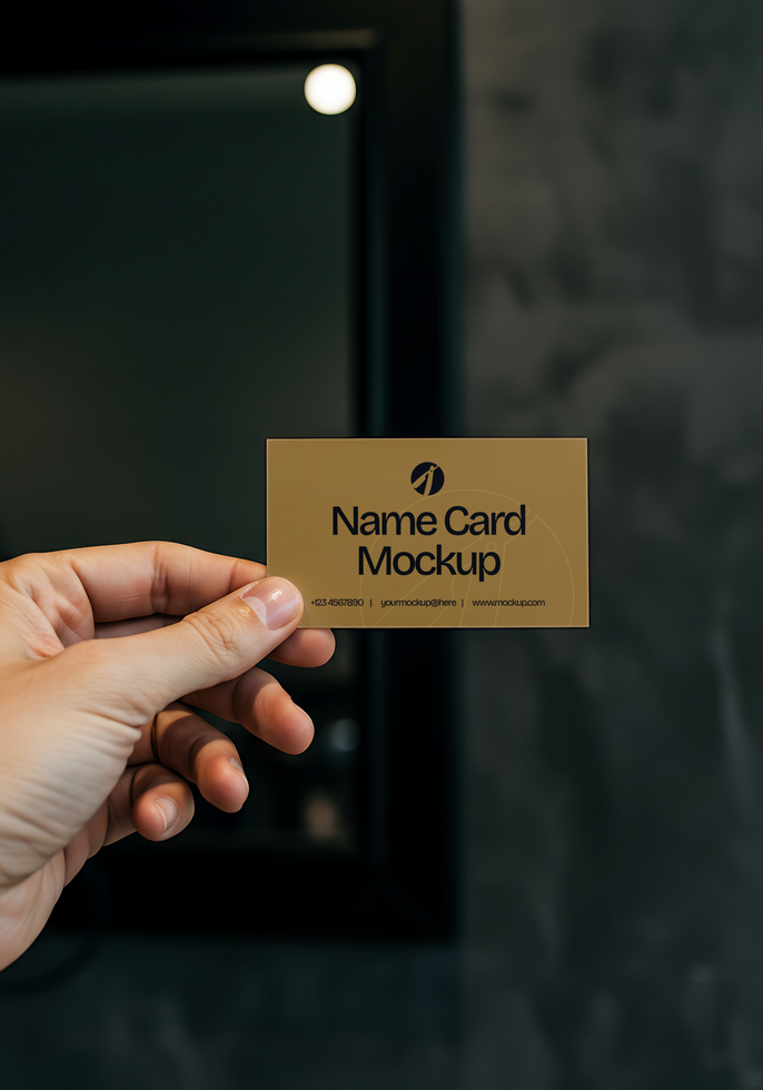 A hand holds up a gold name card mockup psd