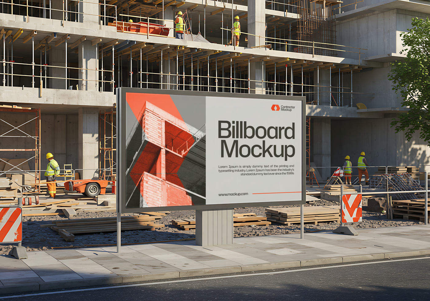 A billboard mockup stands prominently in front of a building under construction psd