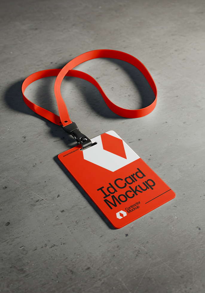 A red ID card mockup with a lanyard rests on a gray surface psd