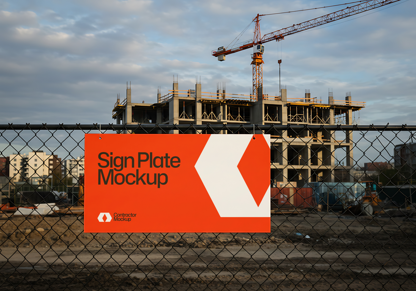 A sign plate mockup hangs on a chain link fence overlooking a construction site psd