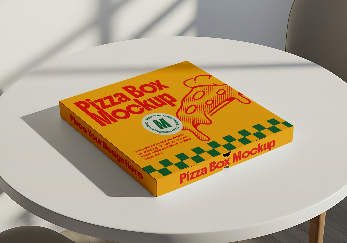 A yellow pizza box mockup sits on a white table psd