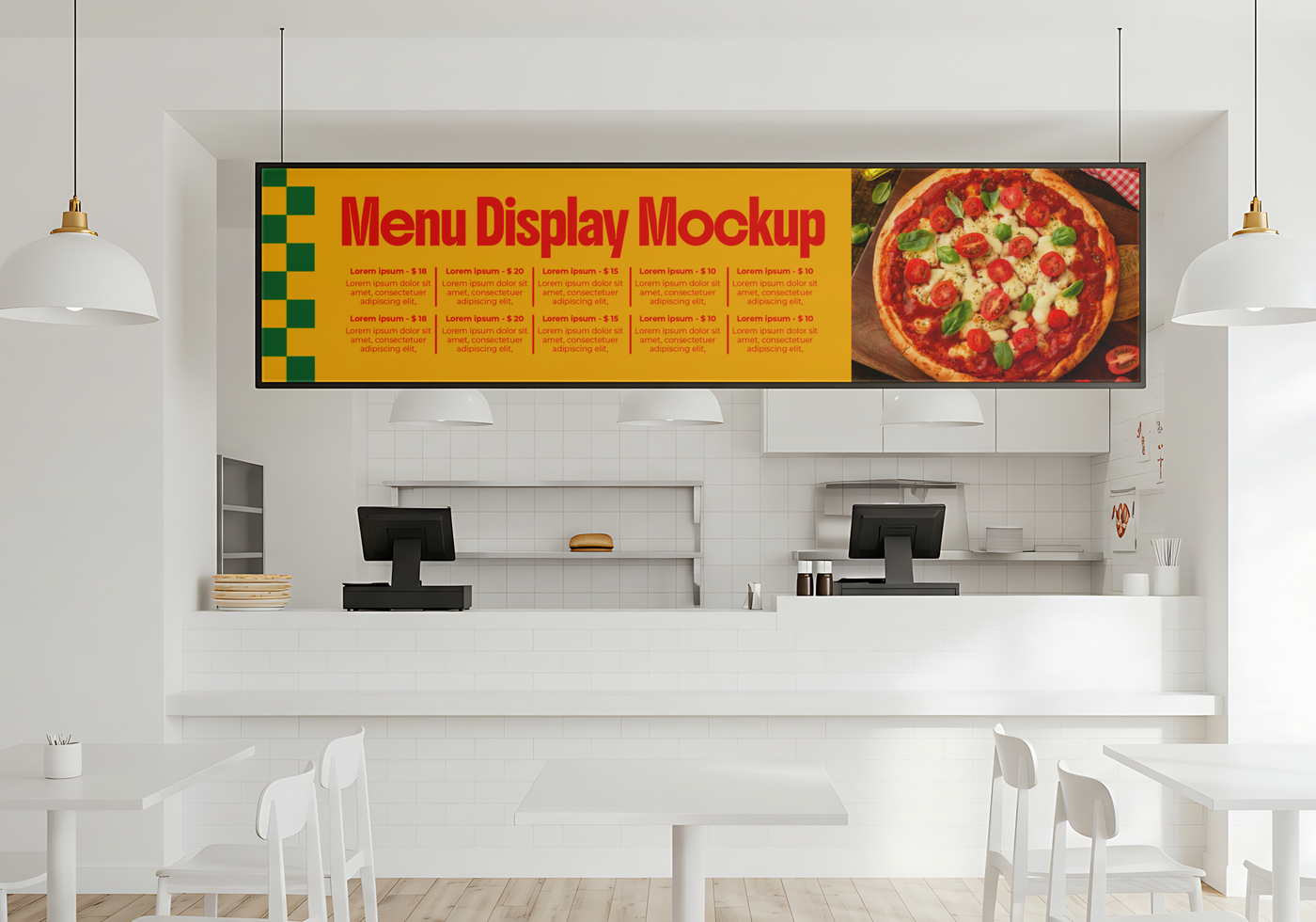 A vibrant menu display mockup featuring a delicious pizza above a clean modern restaurant counter. psd