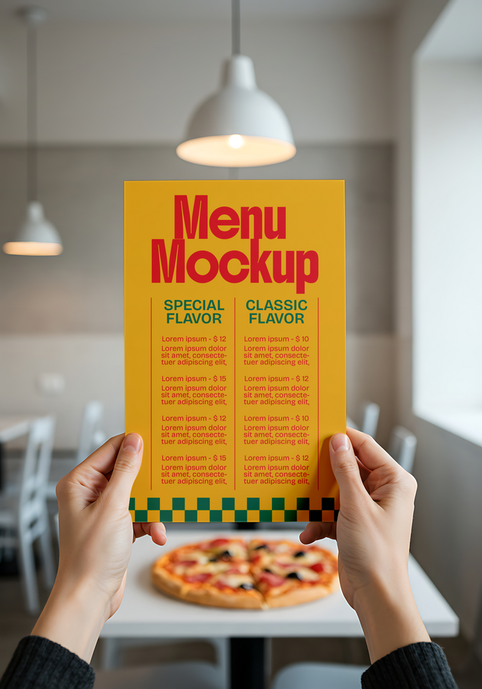 Here is a one sentence caption for the image A person holds up a vibrant yellow menu mockup showcasing special and classic pizza flavors psd