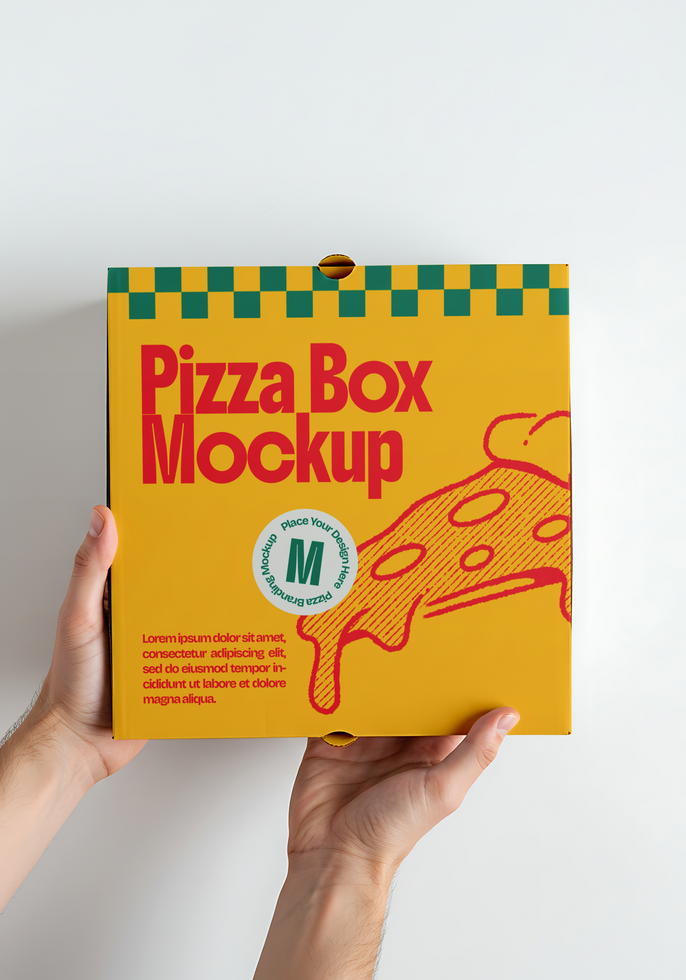 A yellow pizza box mockup is held in two hands psd