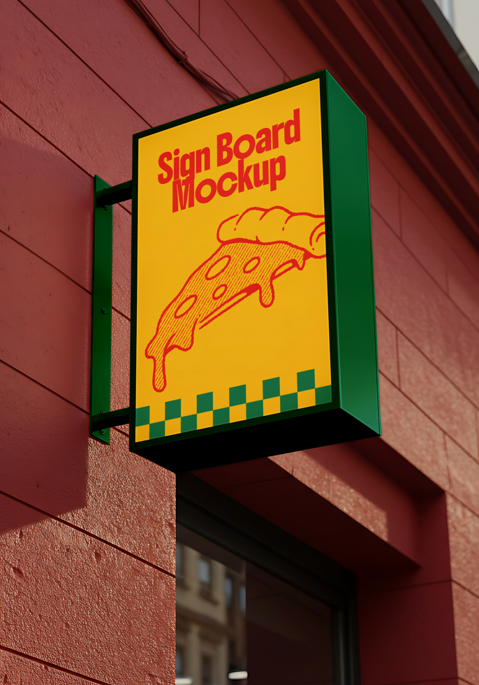 A yellow and green signboard mockup for a pizzeria hangs on a red brick wall psd