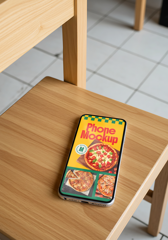 A phone mockup showcasing a pizza menu sits on a wooden chair psd