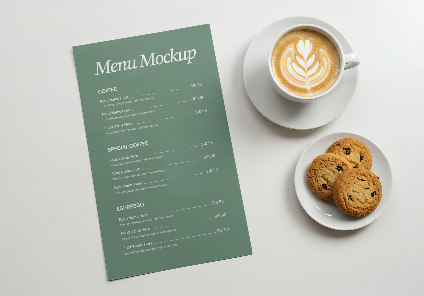 A cafe menu mockup with a cappuccino and chocolate chip cookies psd