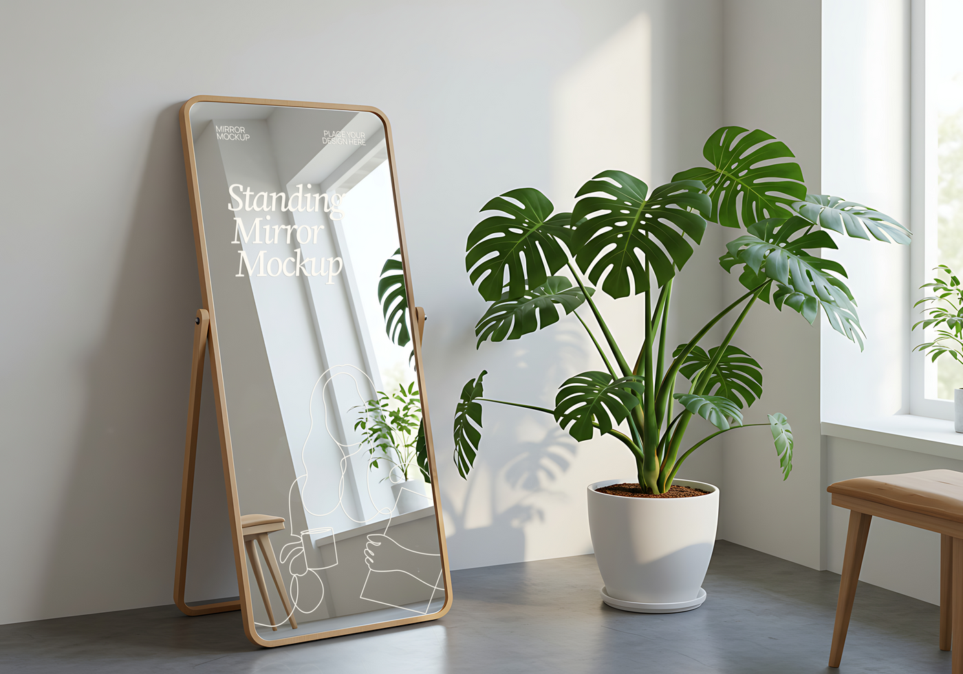 A full length standing mirror with a minimalist wooden frame leans against a wall near a large potted plant psd