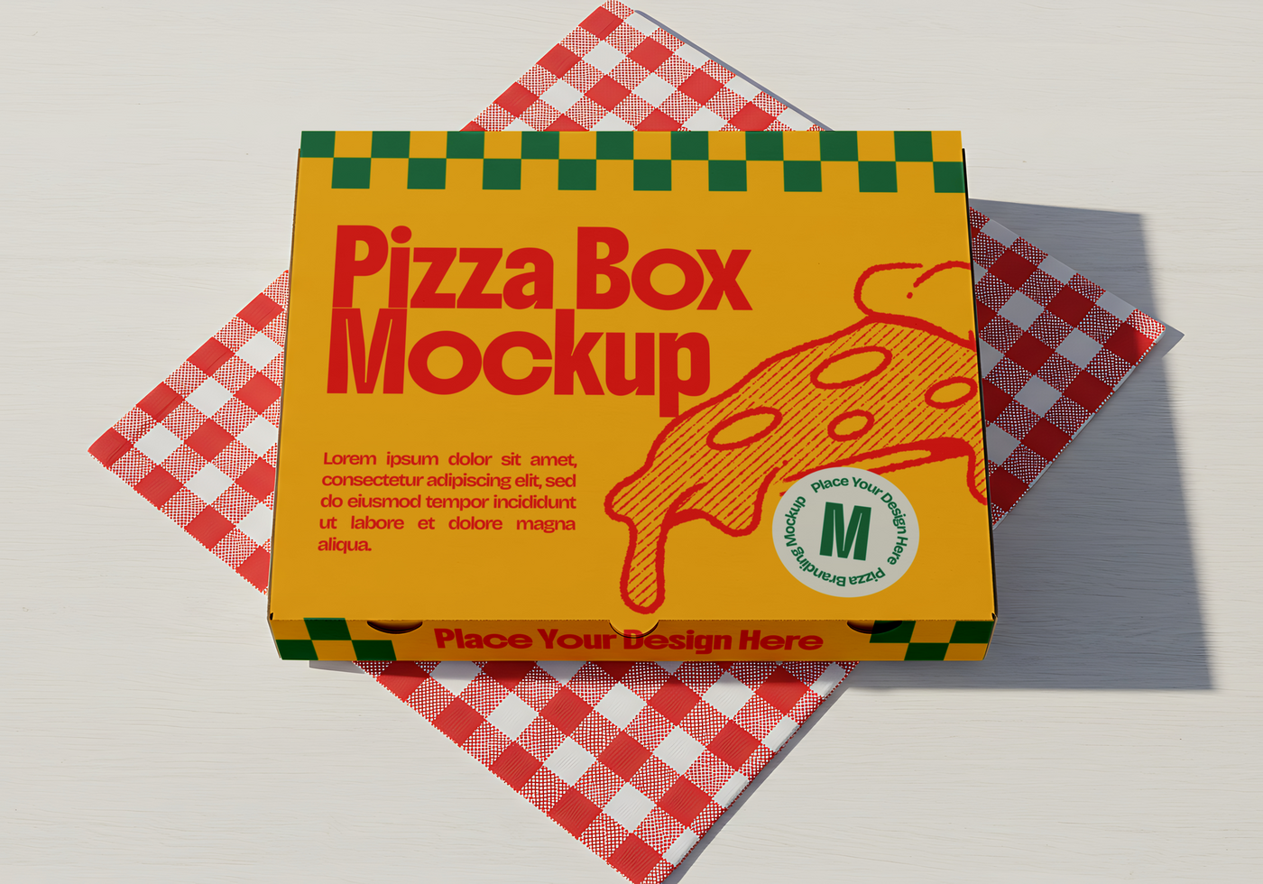 A yellow pizza box mockup rests on a red and white checkered napkin psd