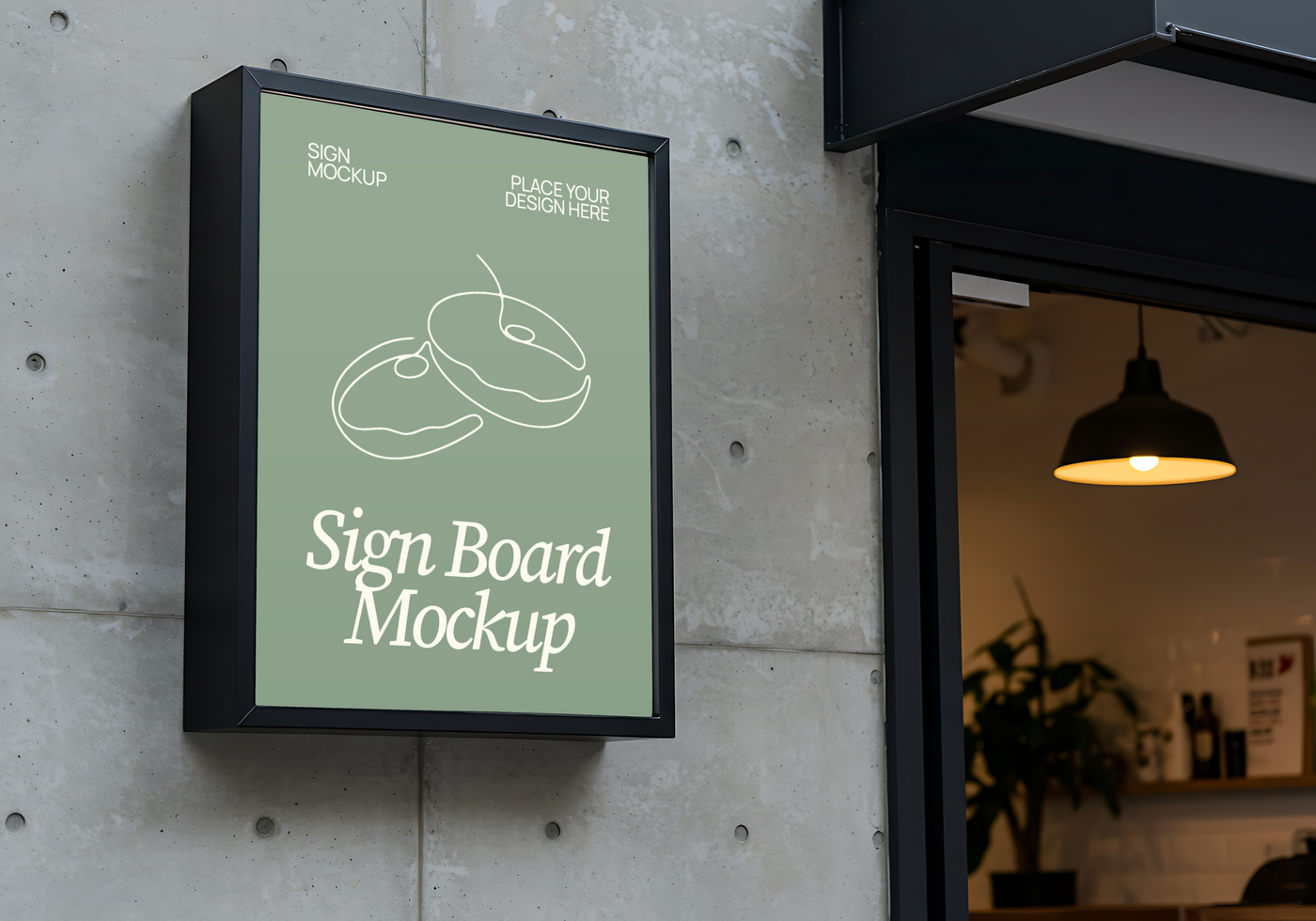 A sage green sign board mockup featuring a minimalist line drawing of two pastries hangs on a concrete wall psd