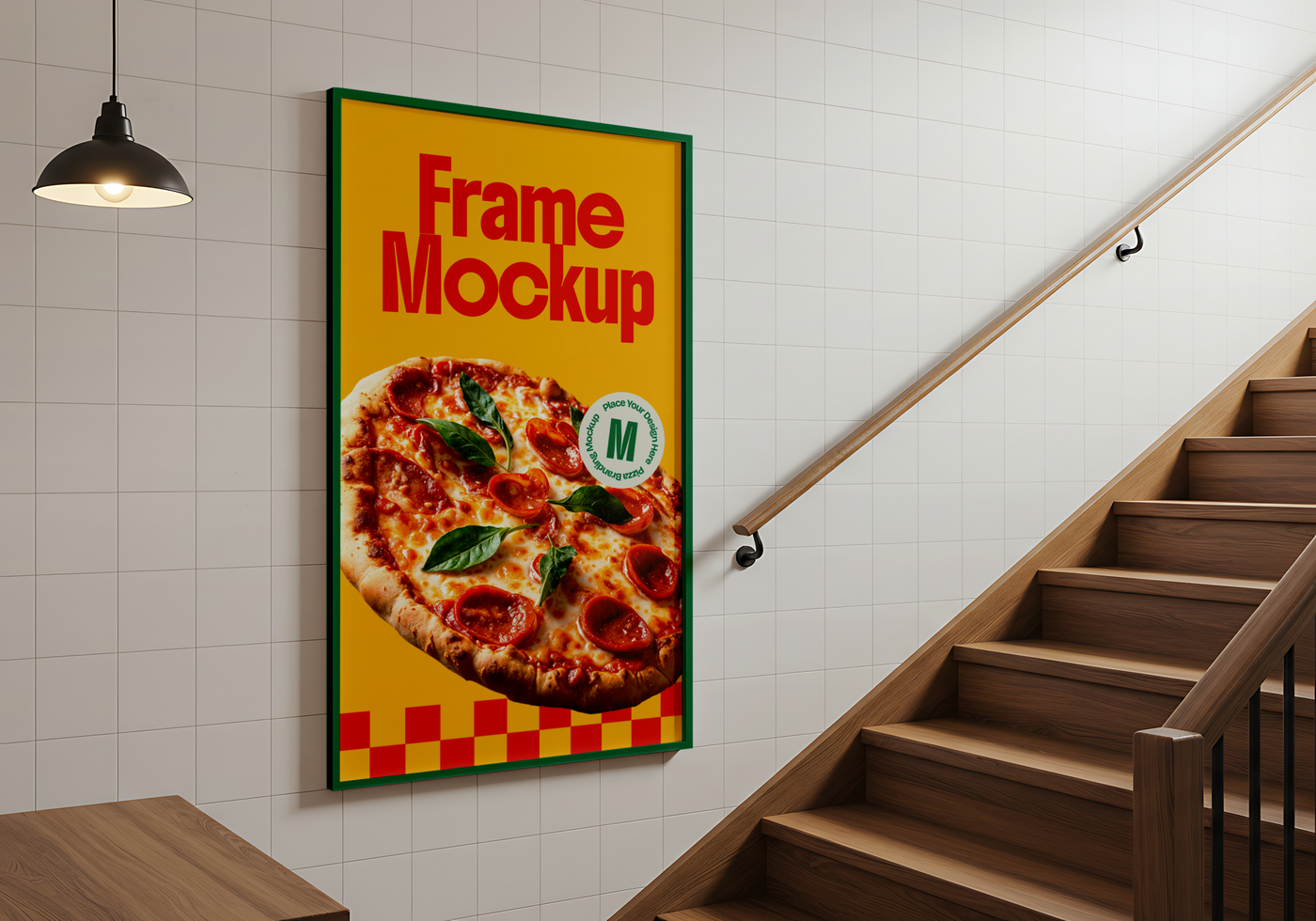 A framed pizza mockup hangs on a wall next to a staircase psd