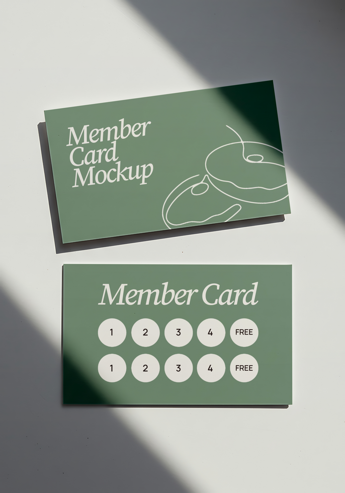 A sage green member card mockup and a punch card design psd