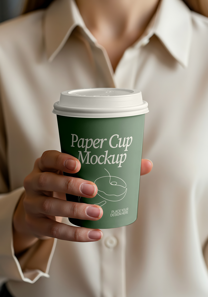 A hand holds a green paper cup mockup featuring a donut illustration psd