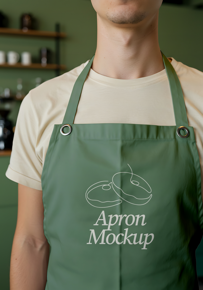 A green apron mockup with a simple steak design psd