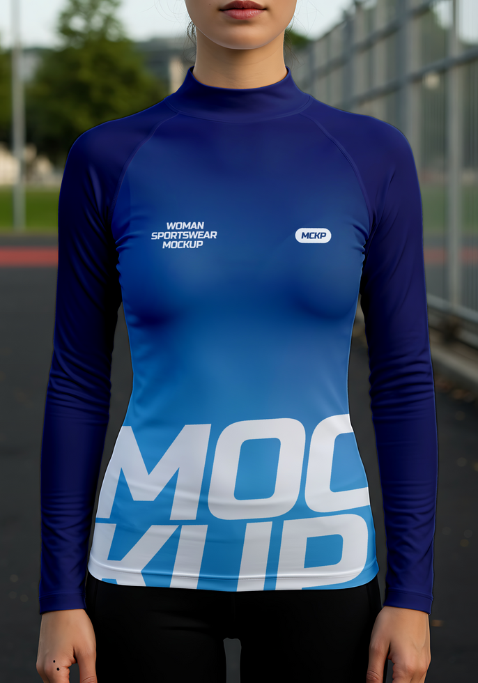 A woman s long sleeve athletic shirt features a gradient blue design and the word MOCKUP across the midriff psd