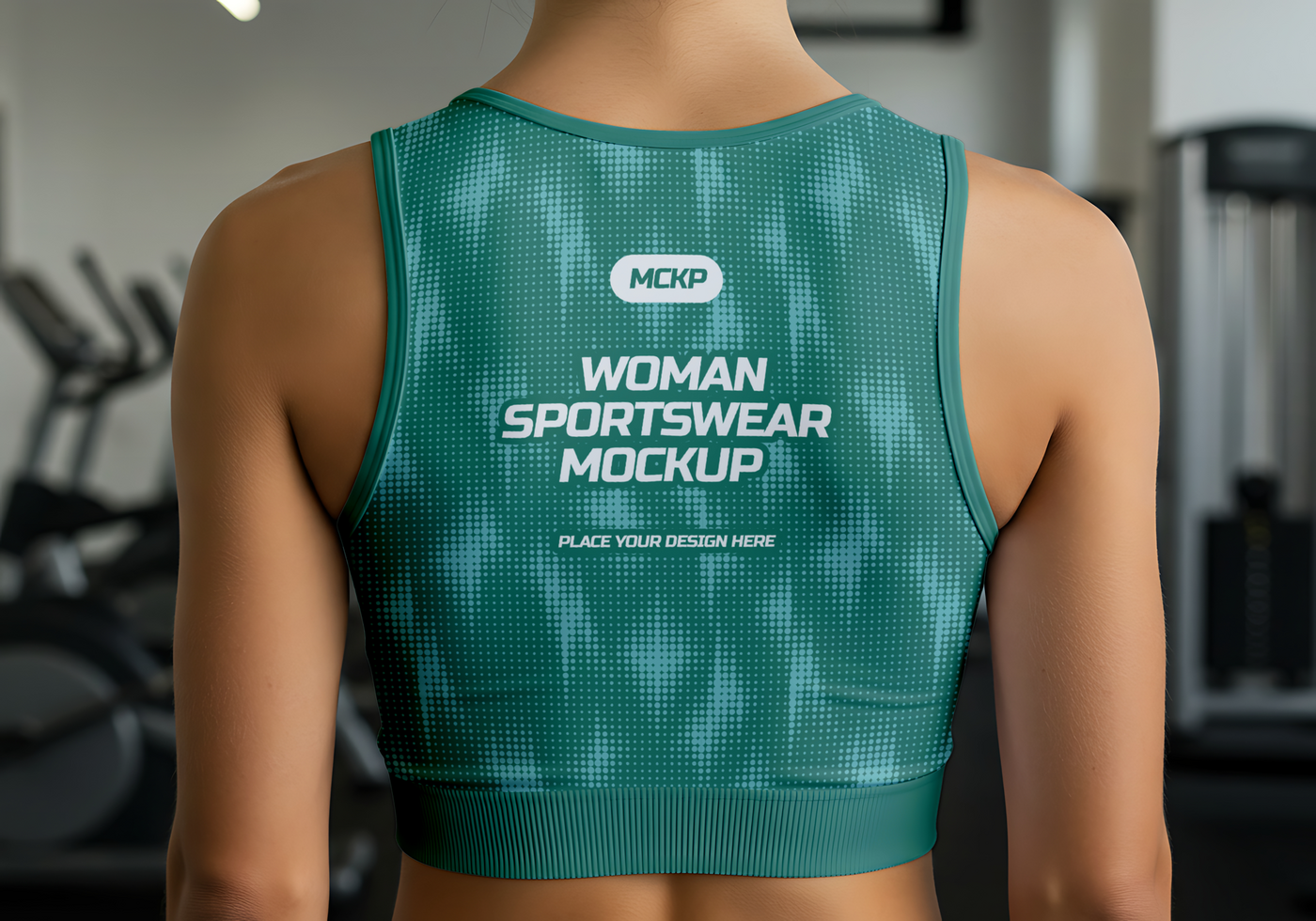A teal women s sports bra mockup displays the words Woman Sportswear Mockup psd
