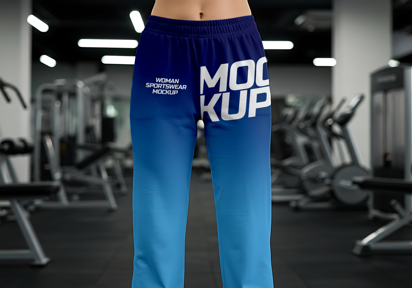 Women s sportswear mockup showcasing ombre blue sweatpants in a gym setting psd