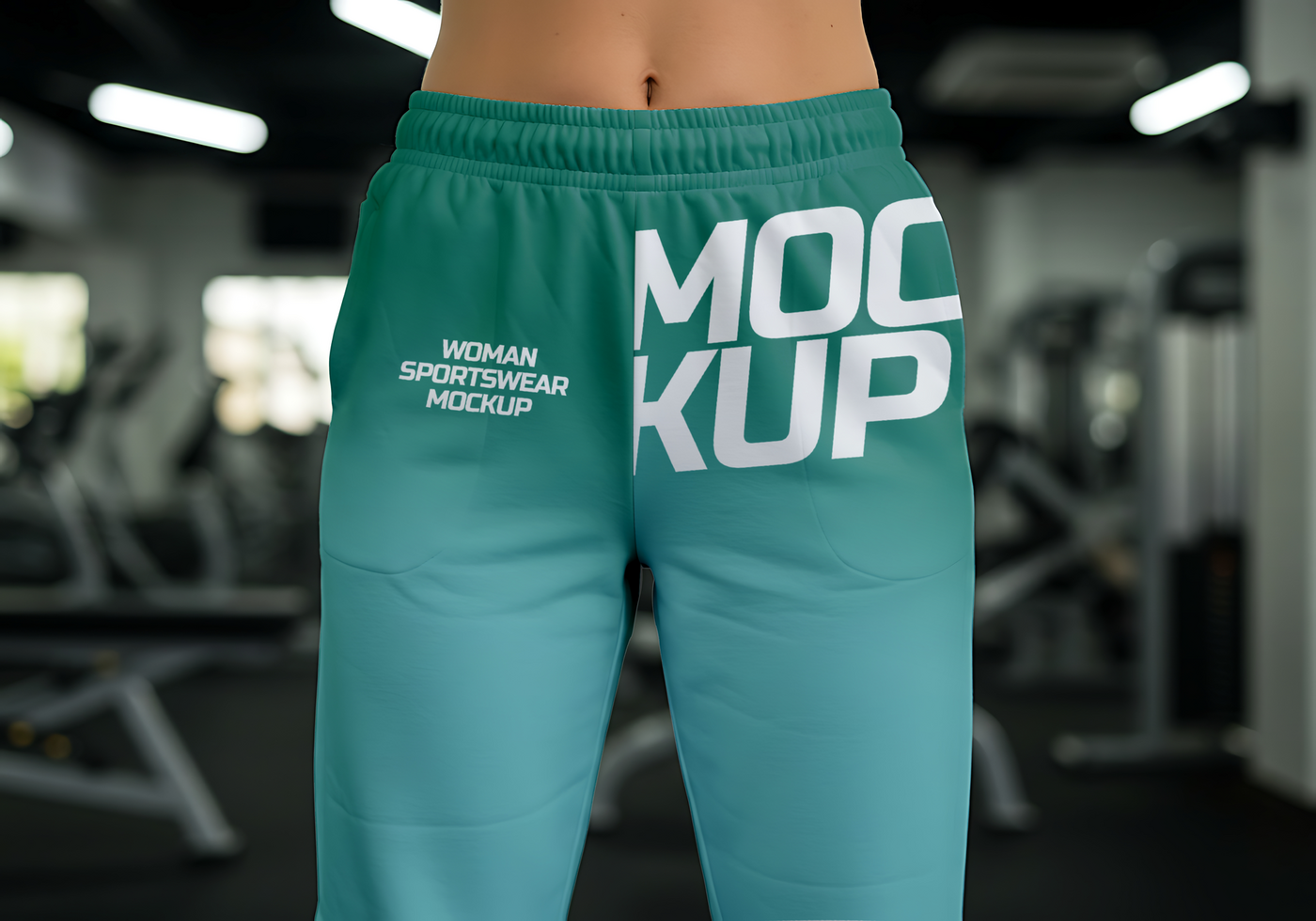 Teal sweatpants with MOCKUP and WOMAN SPORTSWEAR MOCKUP printed on the leg psd