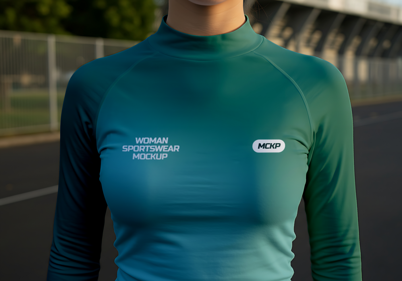 A teal women s sportswear mockup with a small logo psd