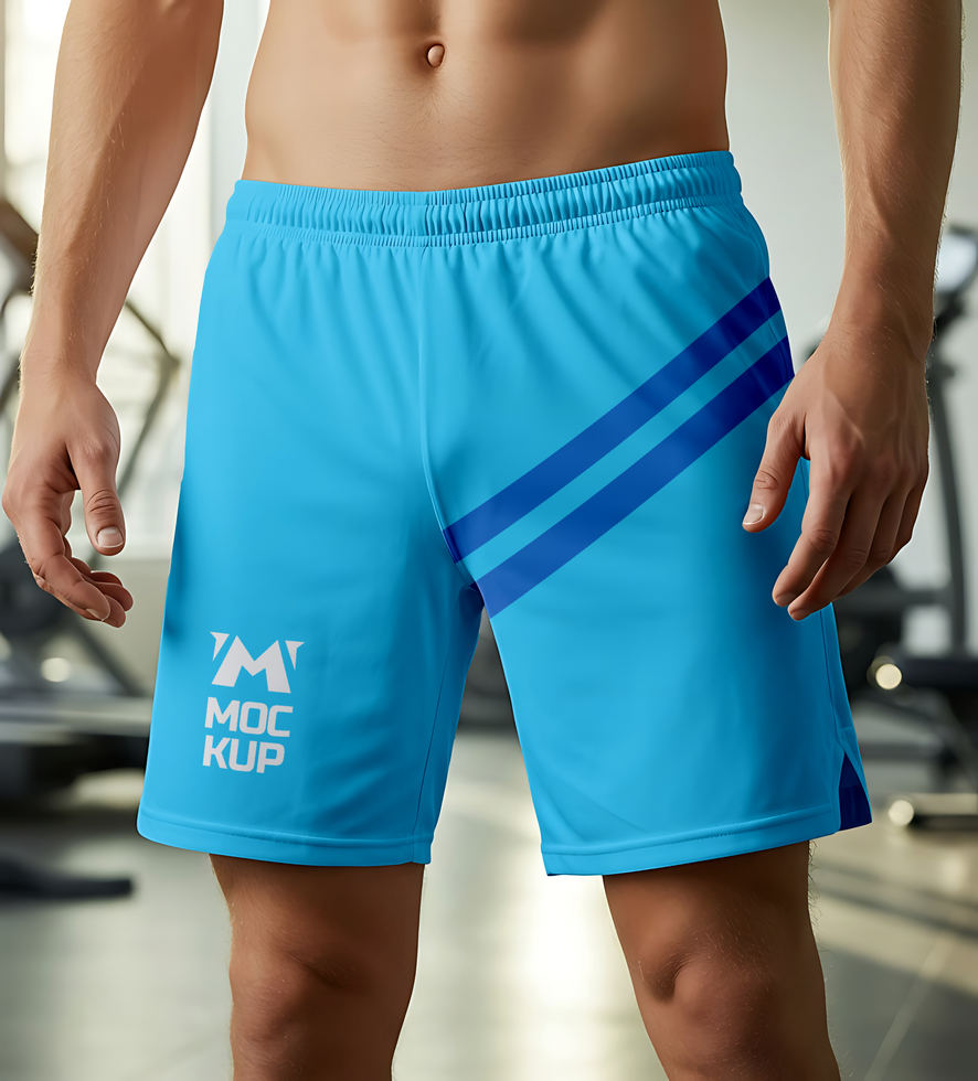 A man models light blue athletic shorts with a diagonal stripe and logo psd