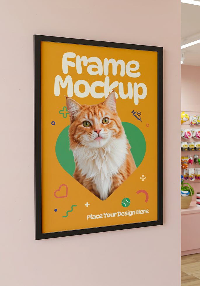 A framed mockup featuring an orange tabby cat against a yellow background psd