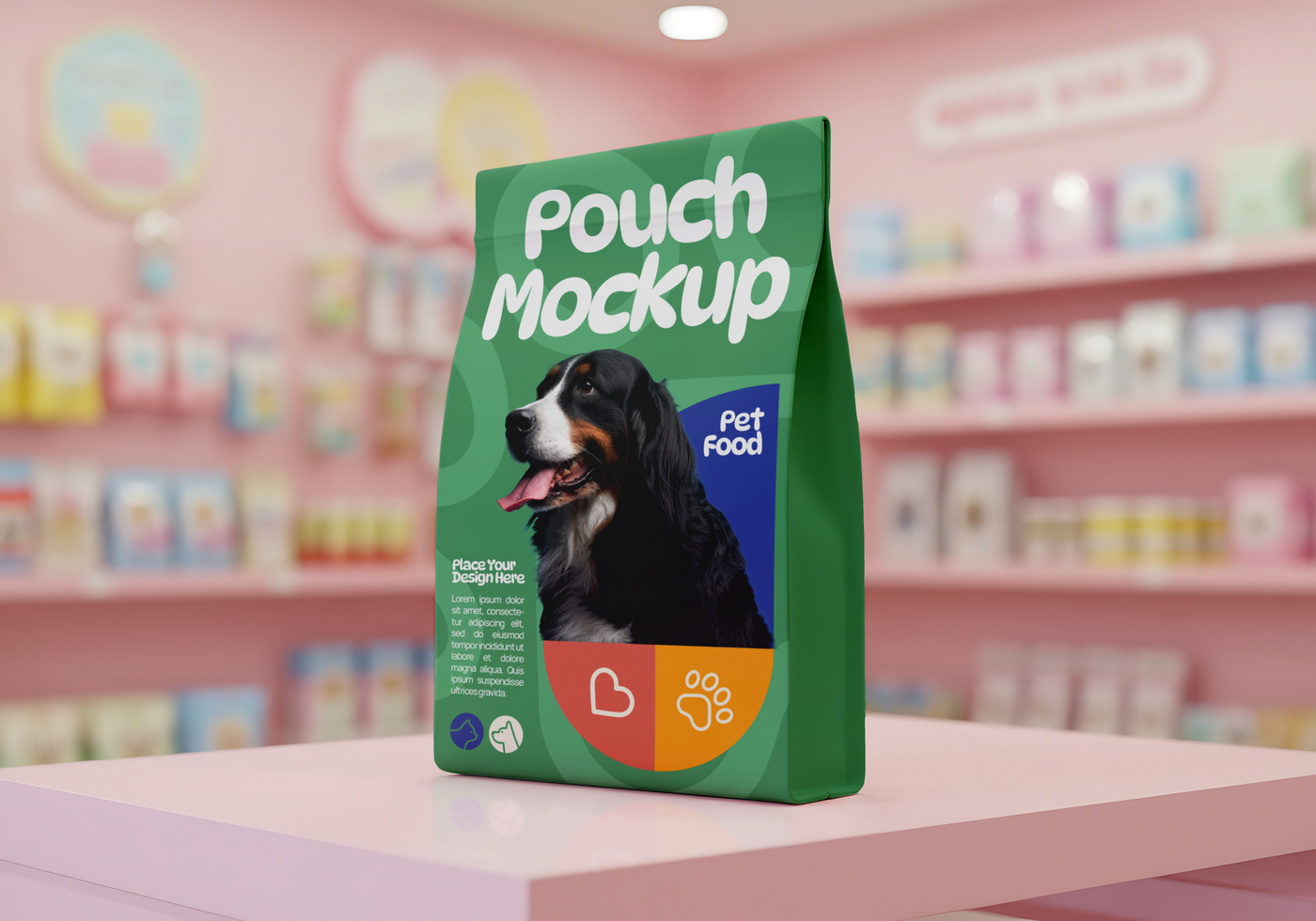 A green pouch of pet food sits on a counter showcasing a Bernese Mountain Dog and the text Pouch Mockup psd