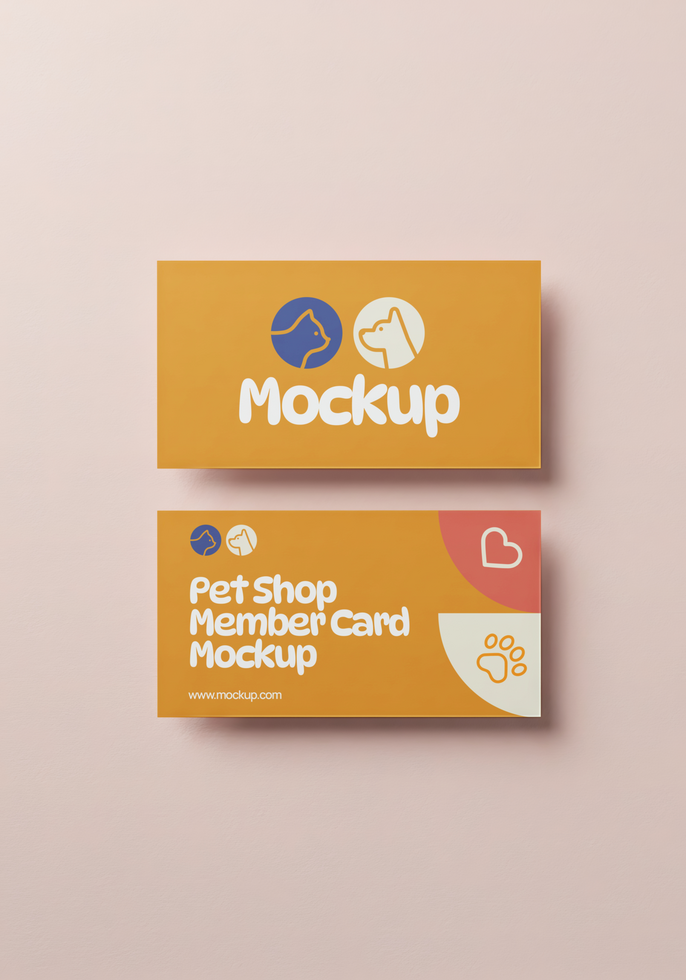 Pet shop member card mockups showcasing a design with cat and dog icons psd