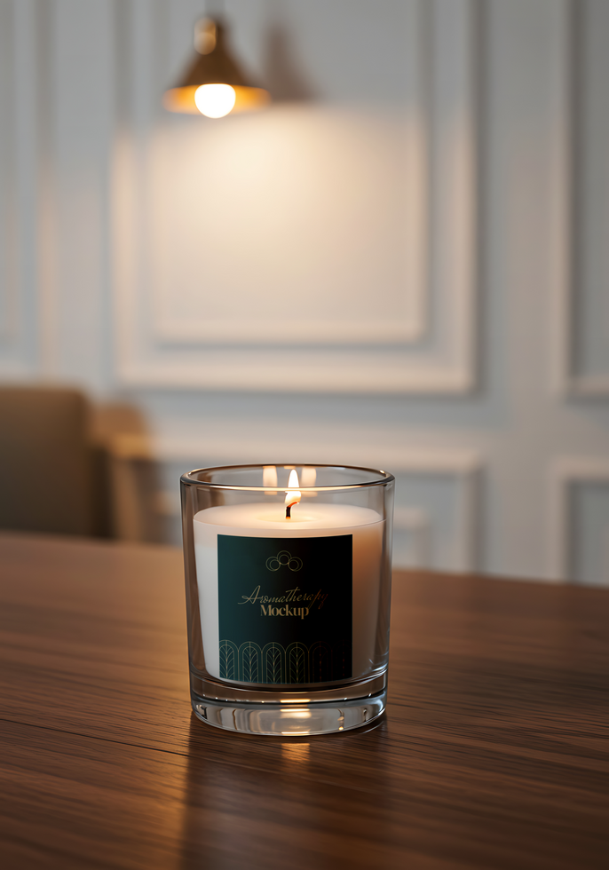 A lit aromatherapy candle with an elegant label sits on a wooden table psd