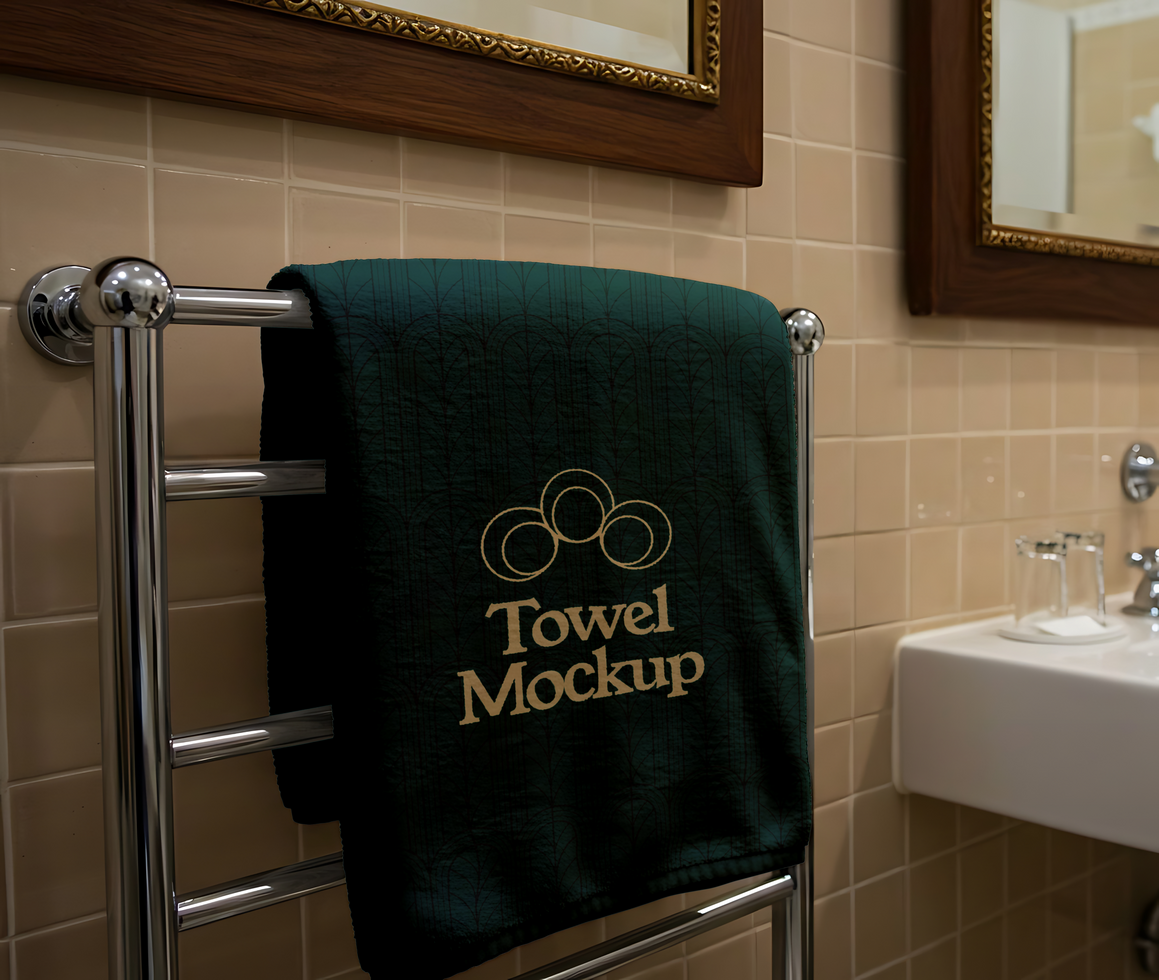 A dark green towel with the words Towel Mockup embroidered on a heated towel rack psd