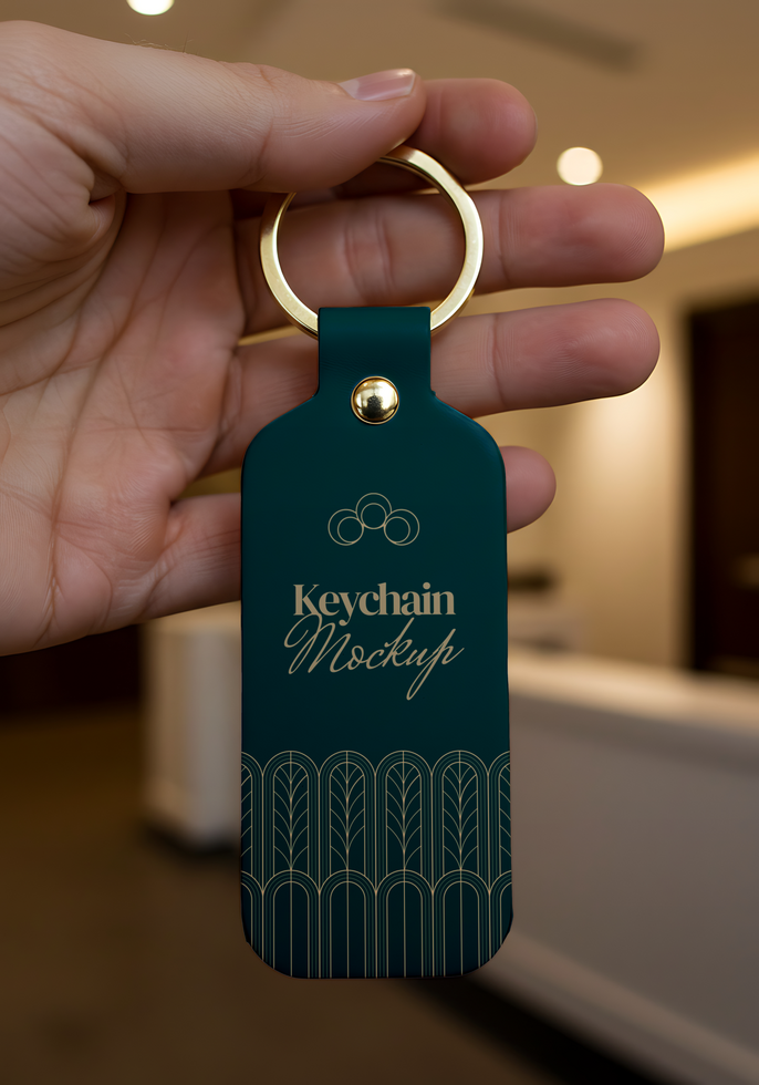 A hand holds up a dark green keychain mockup with gold accents psd