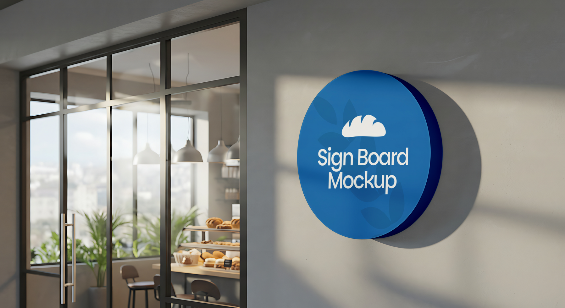 A blue circular signboard mockup with a bread icon hangs on a wall outside a bakery psd