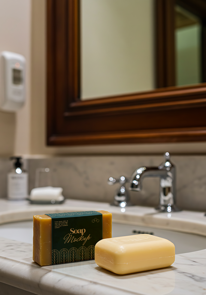 A bar of soap sits next to a soap mockup on a marble bathroom counter psd