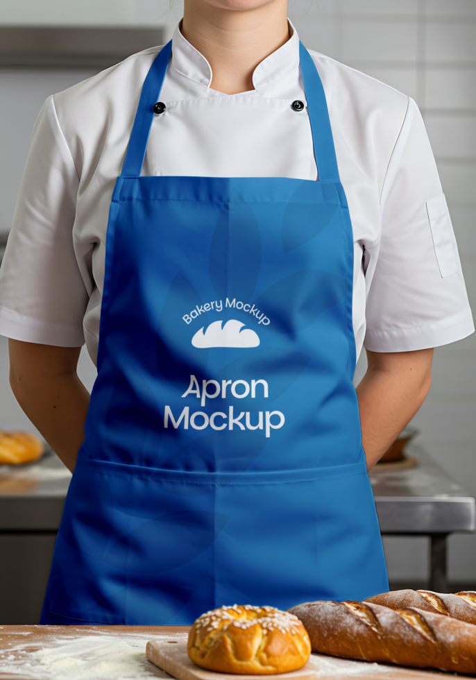 A baker wearing a blue apron with Bakery Mockup Apron Mockup printed on it stands in a bakery with freshly baked bread psd