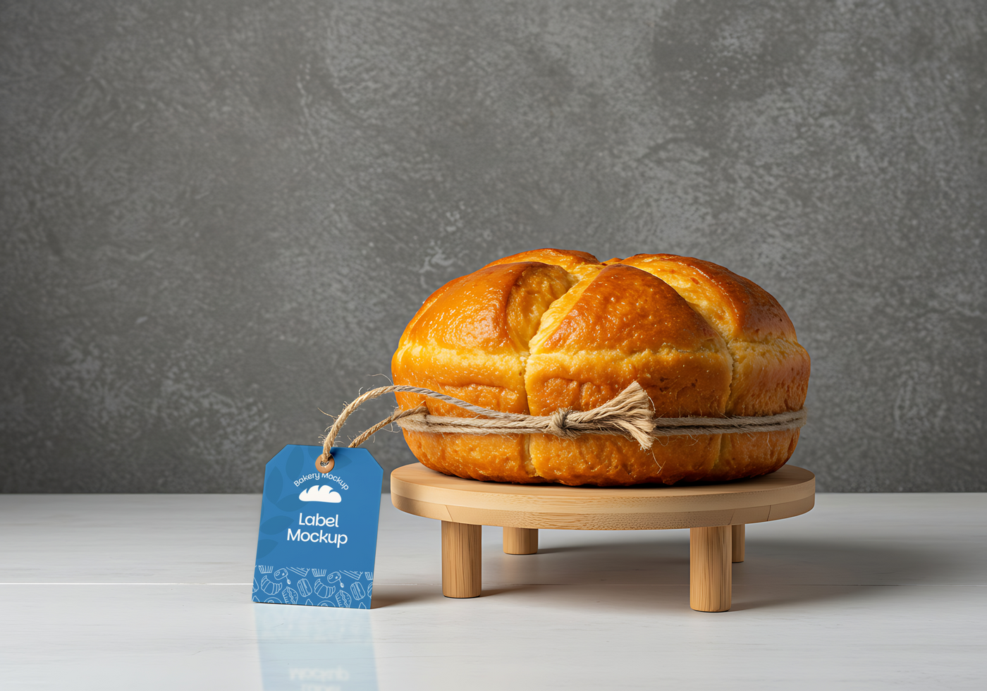 A golden brown artisan loaf of bread sits on a small wooden stand with a bakery label attached psd