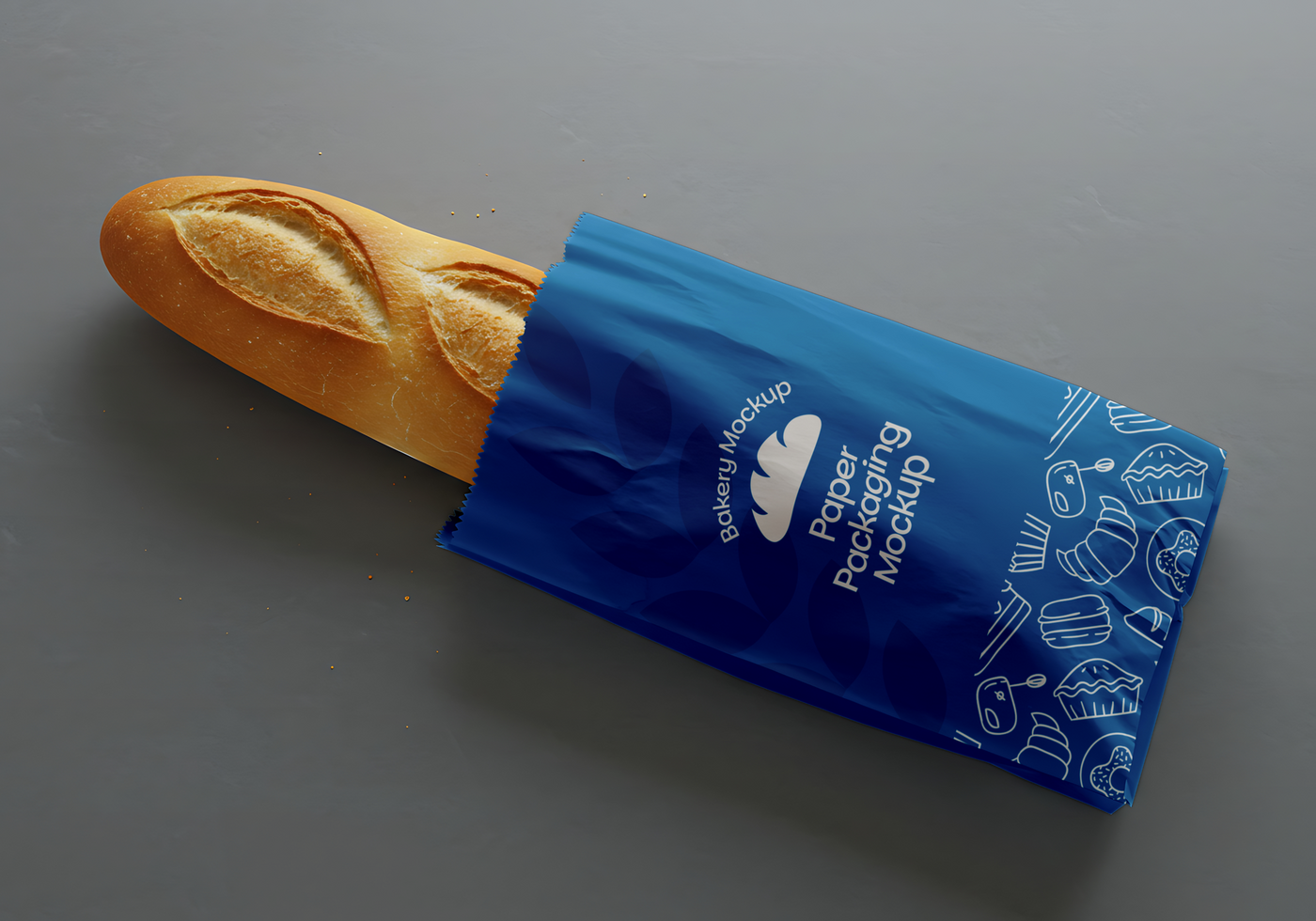 A freshly baked baguette partially tucked into a blue bakery paper bag psd