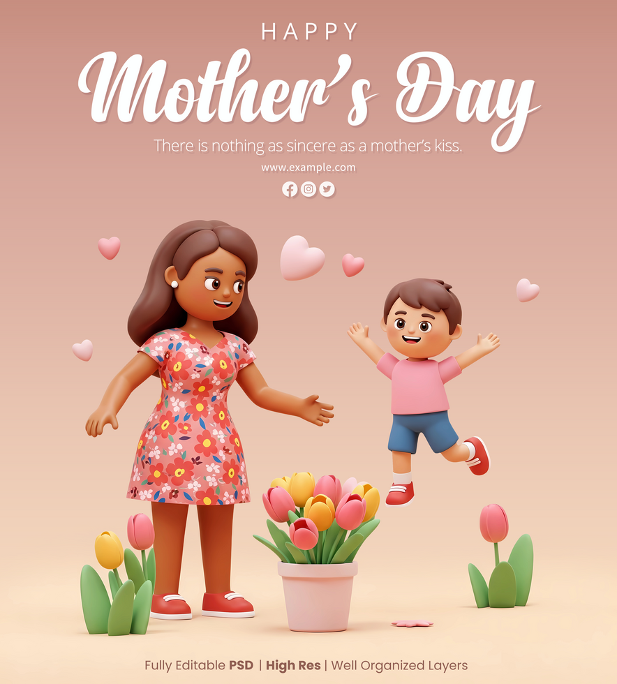 Happy Mothers Day card template with 3d mother and child cartoon characters celebrate Mothers Day with tulips and hearts psd