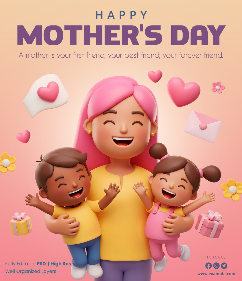 Happy Mothers Day card template with 3d mother hugging her children cartoon characters surrounded by flowers and hearts psd