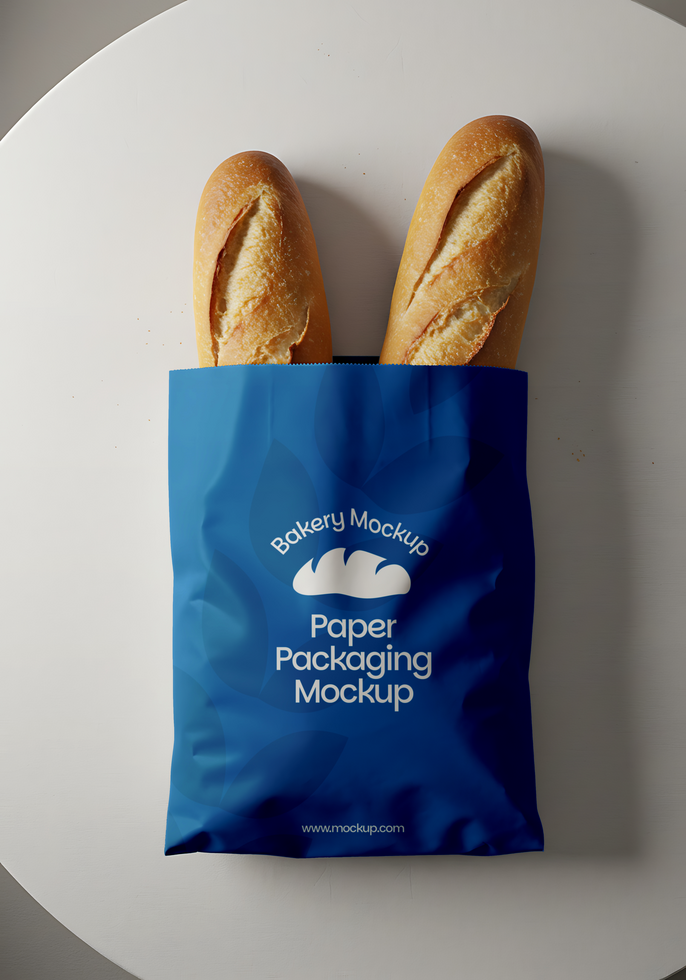 Two baguettes nestled in a blue bakery paper packaging mockup psd
