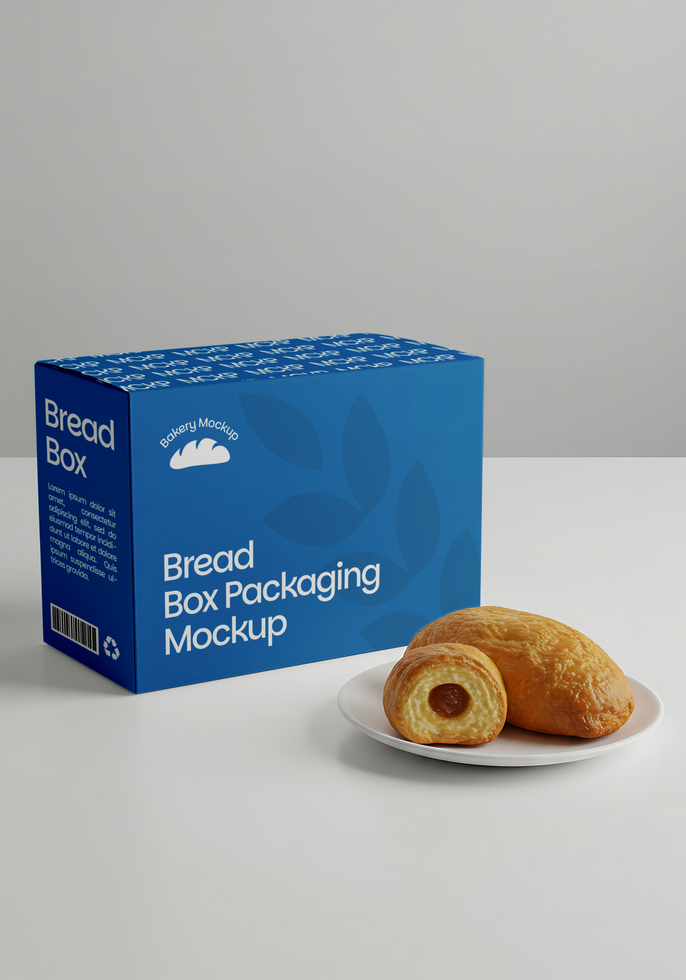 A blue bread box mockup next to a plate with two pastries psd