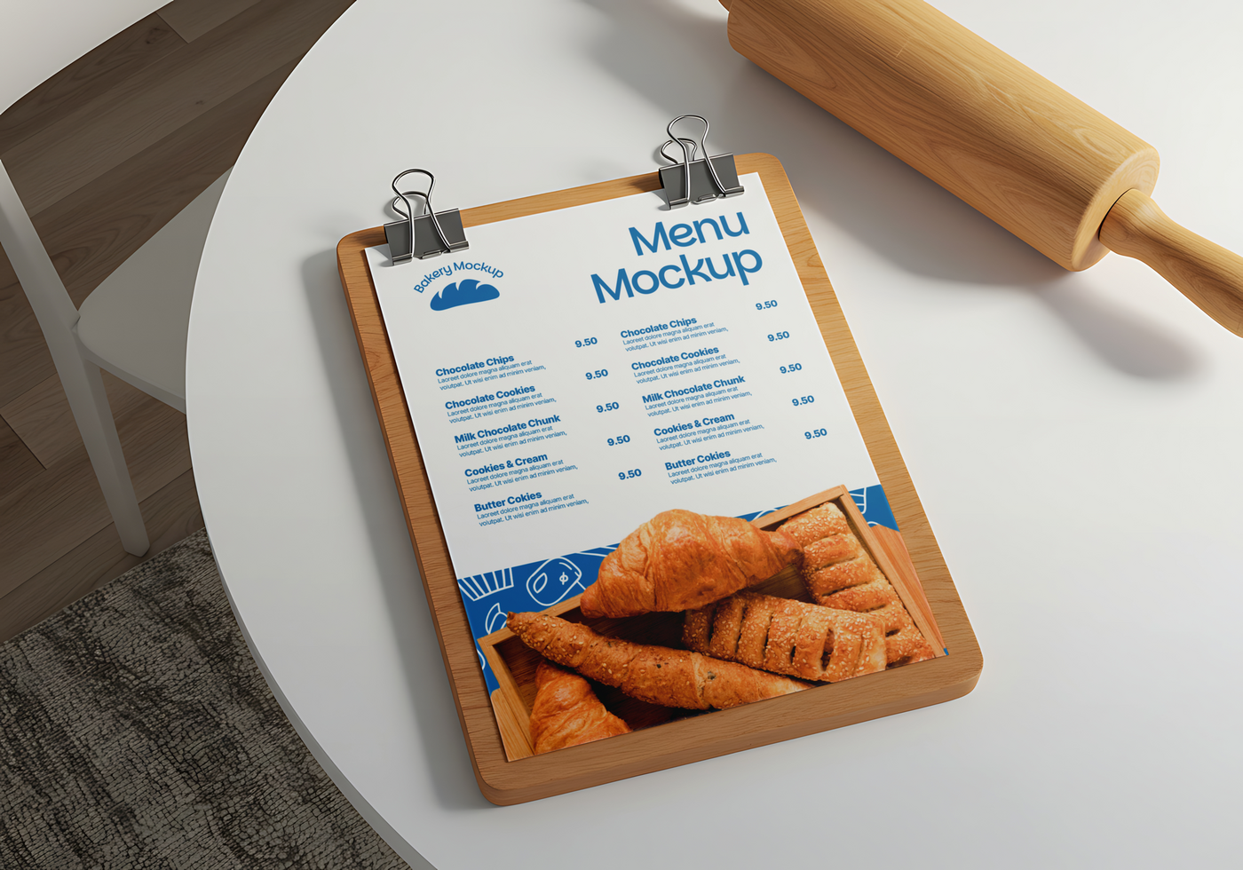 A bakery menu mockup featuring an assortment of freshly baked pastries psd