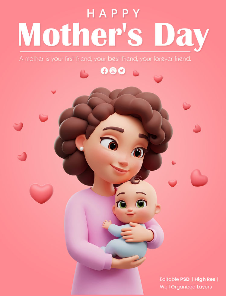 Happy Mothers Day poster template with 3d smiling mother cartoon character with brown hair holding her baby in her arms psd